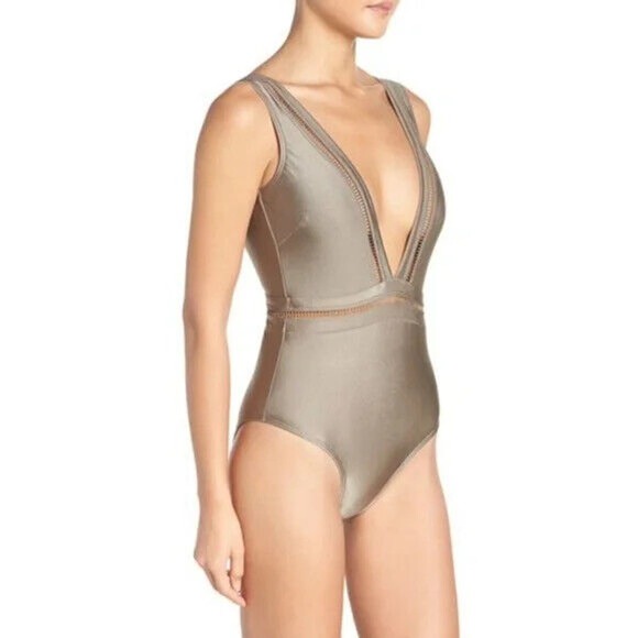 TED BAKER LONDON Plunge One Piece Swimsuit in Khaki - Picture 1 of 10